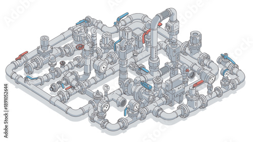 Detailed industrial piping system with colorful tubes and connections on a white background for engineering and manufacturing concepts