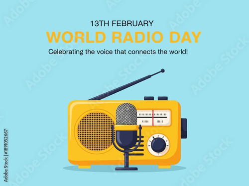 World radio day february 13 with yellow radio and microphone