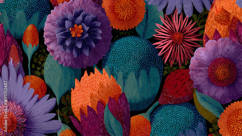 Vibrant floral arrangement featuring cacti, flowers, and lush foliage in a colorful close-up illustration