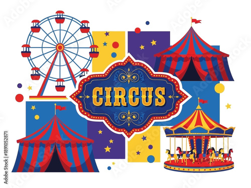 Colorful circus illustration with ferris wheel, tents, and carousel sign