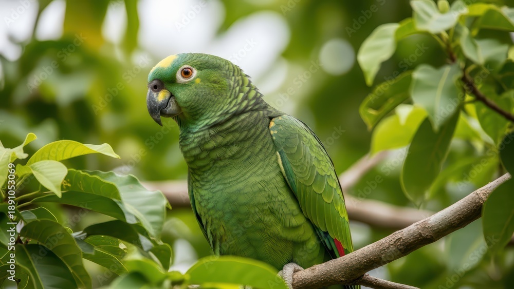 Fototapeta premium Vibrant green parrot perched on branch in lush foliage surrounded by bright green leaves and natural habitat