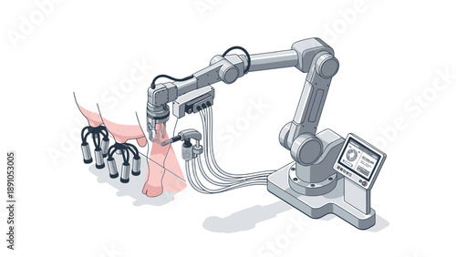 Industrial robotic arm with gripper picking up pink object on white background automation and manufacturing concept