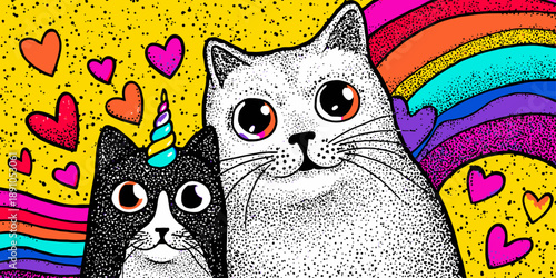 Surreal Artistic Illustration of a Black and White Cat Duo