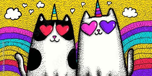 Colorful Psychedelic Illustration of Two Cats with Rainbow and Hearts