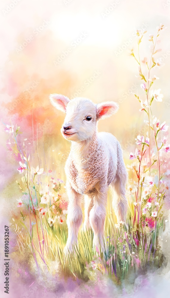 Fototapeta premium Sweet lamb illustration springtime meadow soft pastel colors idyllic scene warm gentle atmosphere