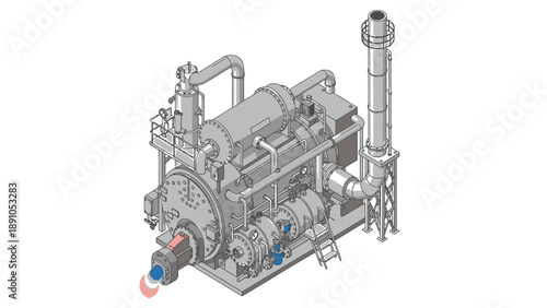 Industrial machinery with pipes and valves on a white background for engineering and manufacturing concepts