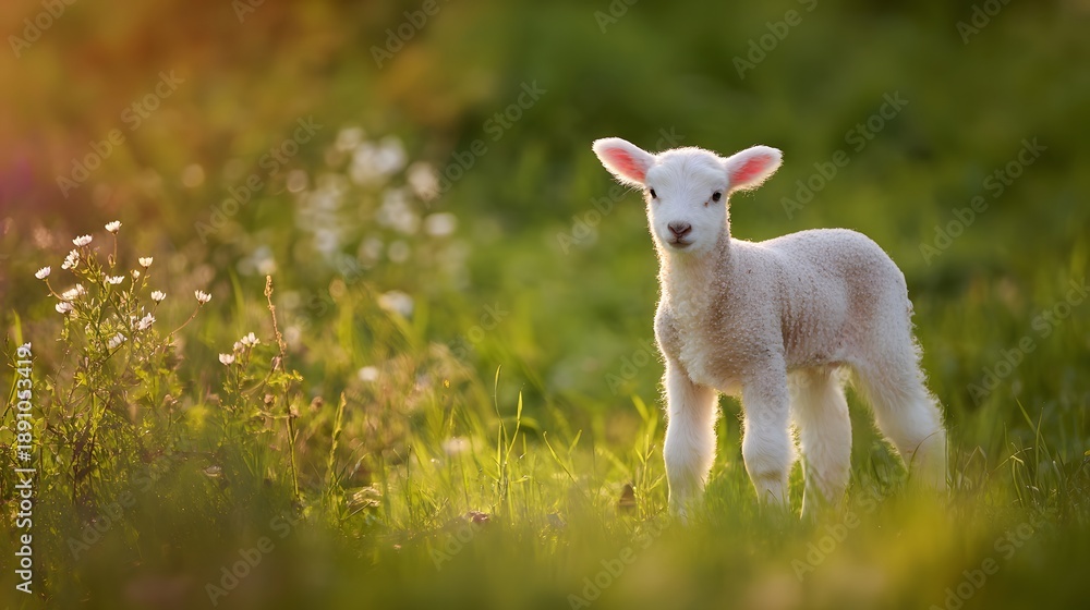 Fototapeta premium Gentle spring lamb enjoys soft sunlight on lush green meadow a cheerful pastoral scene