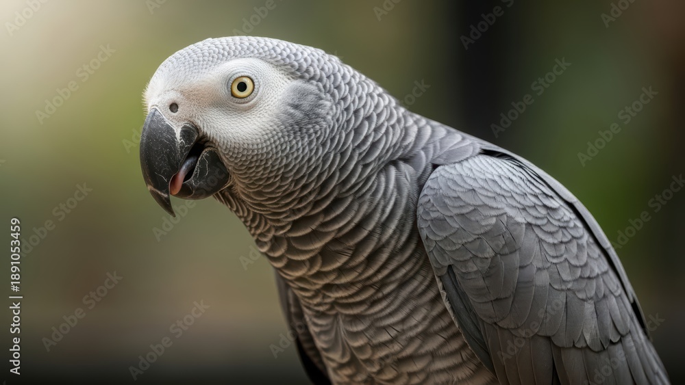 Fototapeta premium Close-up of african grey parrot with intricate feather pattern and curious expression in natural setting