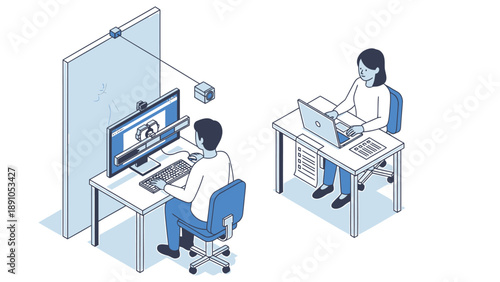 Two colleagues working remotely on laptops and desktop in office cubicles with divider