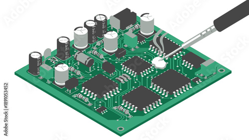 Technician soldering electronic circuit board with precision tool on white background