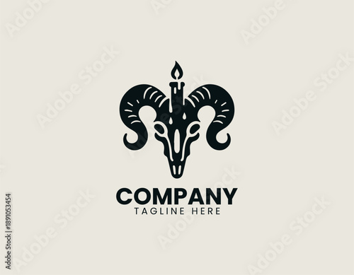 Black vector line art illustration of a ram or goat skull with large horns and candle flame