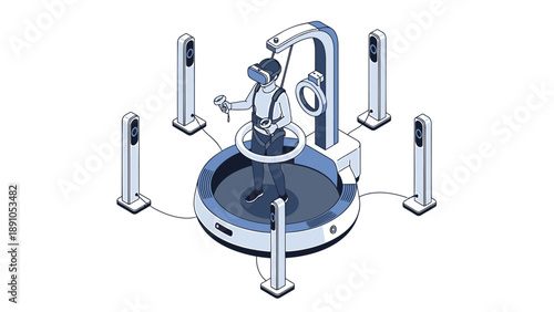 Person wearing vr headset experiences virtual reality in futuristic setup with sensors