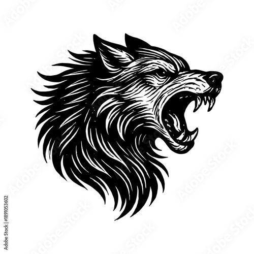 Fierce roaring wolf head illustration in black and white.