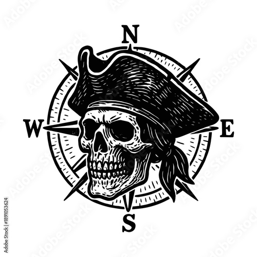 Pirate skull with compass rose and tricorn hat illustration.