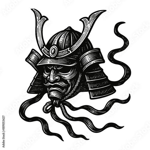 Intricate black and white illustration of a traditional samurai helmet with menacing expression.