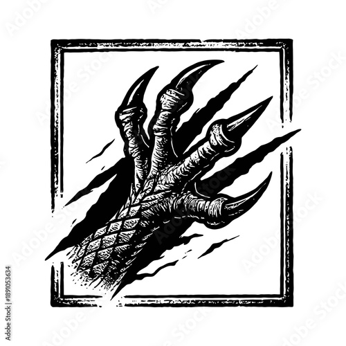 Monochrome dragon claw sketch with sharp talons in a framed design.