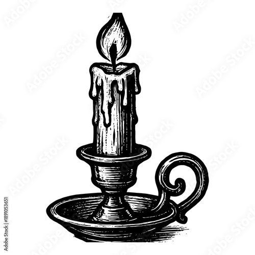 Vintage black and white engraving of a melting candle in a holder.