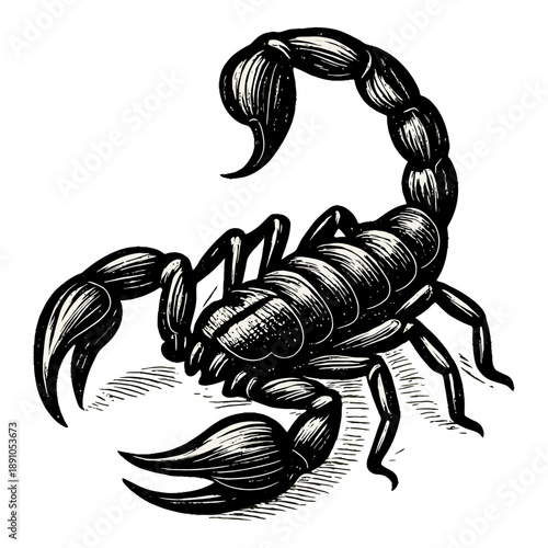 Intricate black and white scorpion illustration with detailed texture and shading.