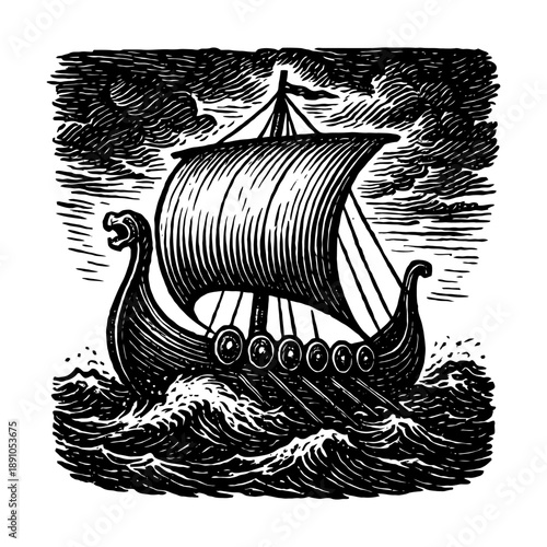 Viking longship in stormy seas: detailed woodcut art with dragon head.