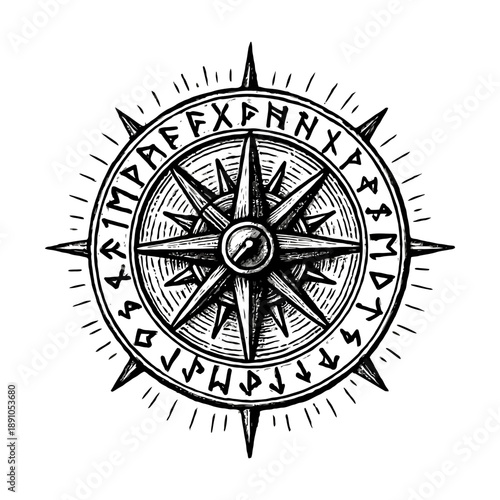 Runic compass rose design with nordic symbols and eight-pointed star in black and white.