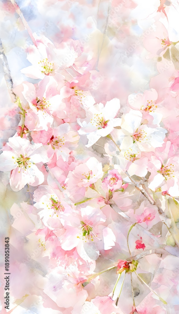 Fototapeta premium Spring cherry blossoms watercolor illustration soft pink flowers gentle sunlight serene landscape art