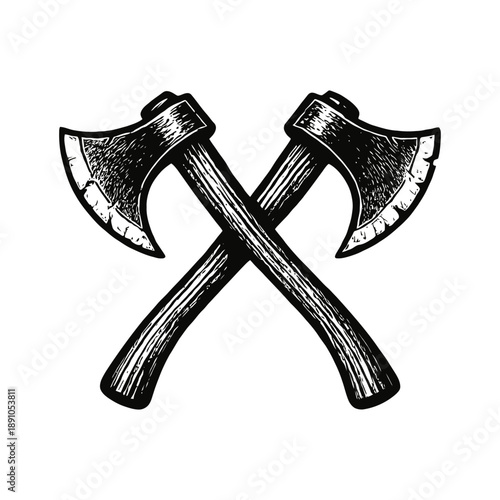 Vintage crossed battle axes illustration with detailed wood handles.