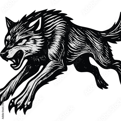 Dynamic black and white wolf illustration with fierce expression and motion.