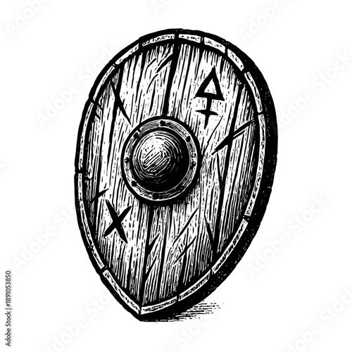 Black and white viking shield with runes and wood texture illustration.