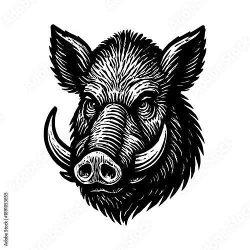 Intricate black and white wild boar illustration with tusks and detailed fur.