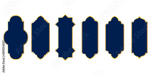 Row of dark blue Islamic window silhouettes with different scalloped arched tops, simple geometric icons for mosque architecture, Middle Eastern patterns and ornamental design