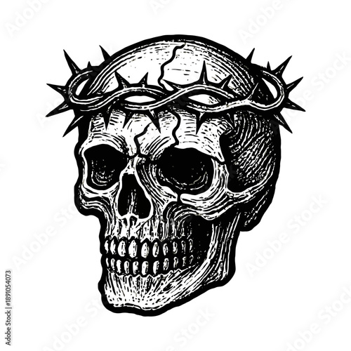 Detailed skull with thorns on white background.