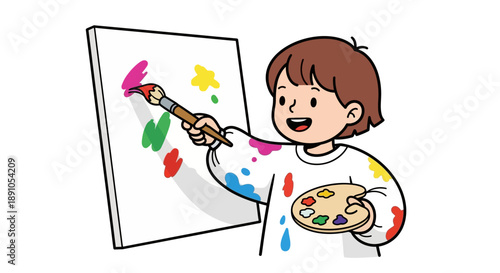 Cute boy artist painting on canvas with palette and brush