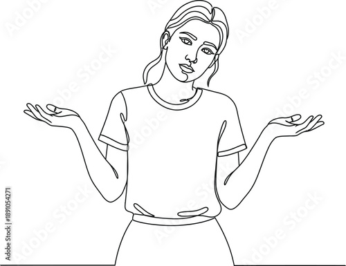 Frustrated young woman make hand gesture wondering about solution of problem. Smiling girl feel confused and embarrassed looking for solving. Vector illustration