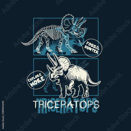 dinosaur triceratops fossil vector illustration with slogan graphic for t shirt print