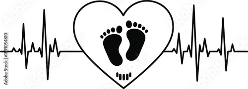 Black Outline Vector Illustration of a Heart with Baby Footprints Inside and an EKG Heartbeat Line for Maternity and Pregnancy
