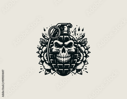 Skull with grenade and floral ornament illustrated as bold black vector logo design
