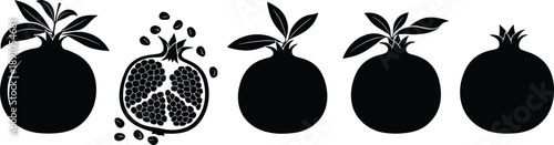 Black Silhouette Vector Set of Pomegranates Featuring Whole Fruit Half Fruit with Seeds and Leafy Garnishes for Healthy Food Design
