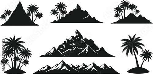 Black Silhouette Vector Set of Tropical Island Landscapes Featuring Majestic Mountains Palm Trees and Exotic Paradise Scenery for Travel Graphic Design