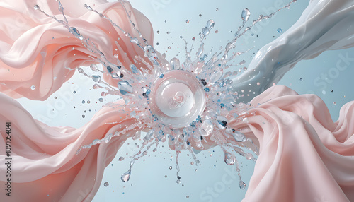 Elegant water splash with silk fabric and cosmetic bottle