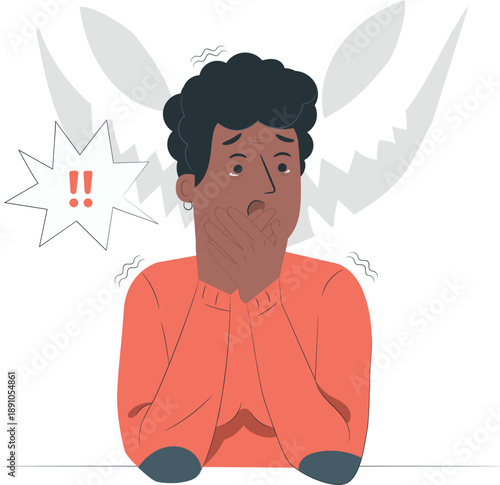 A worried man with shocked expression sitting at a table, surrounded by chaotic grey shapes