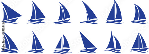 Blue Sailboat Silhouette Vector Set Featuring Various Sailing Ship Icons Yacht Outlines and Nautical Boat Symbols for Summer Vacation Marine Design