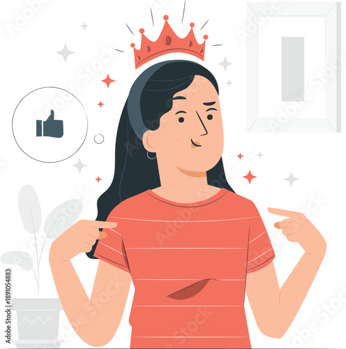 A young woman wearing a crown and pointing to her shirt in a room with a like symbol and plants nearby