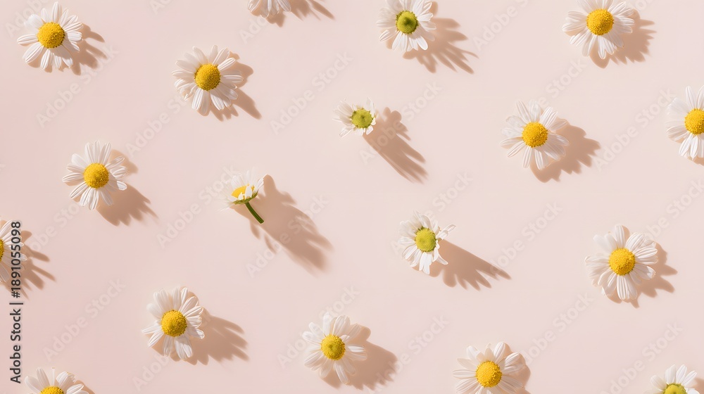 Obraz premium Serene chamomile blossoms arranged on blush pink background a calming floral flat lay design