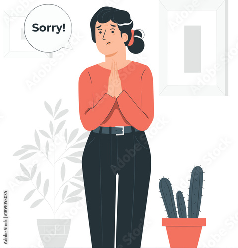 A young woman standing alone in a room, apologizing with a speech bubble, surrounded by plants, viewed from the front.