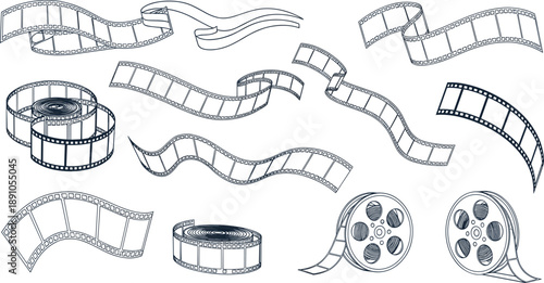 Vintage Film Reel and Cinema Strip Vector Set Featuring Wavy Movie Frames Negative Film Rolls and Motion Picture Production Graphic Elements