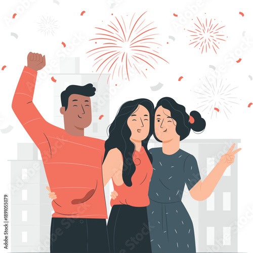 Three friends celebrating New Year's Eve together outside at night with fireworks