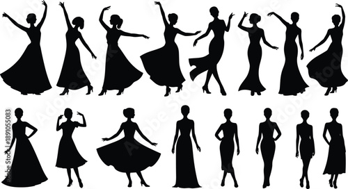 Elegant female dancer silhouette vector set with graceful ballet and modern dance poses, fashion women figures isolated on white