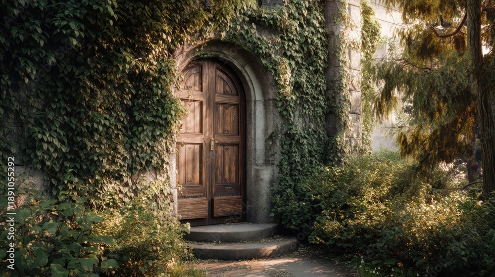 Fototapeta premium Old wooden door of a stone building covered in ivy. Concept of mystery, hidden entrance, or new beginnings. For fantasy book cover.