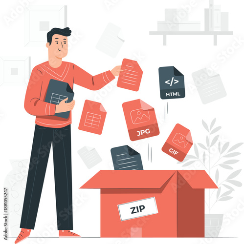 Man organizing digital files into a zip archive, holding documents and files floating around a large red box