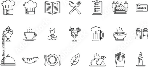 Restaurant and Culinary Line Icon Set Featuring Chef Hats Menu Food Dishes Drinks Utensils and Catering Symbols for Professional Graphic Design